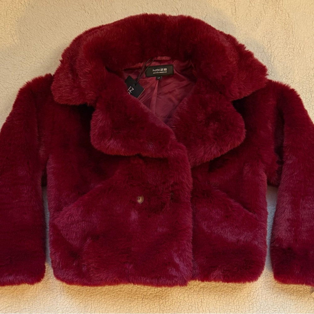 Faux Fur Burgundy Red Cropped Coat - NWT - Picture 2 of 11